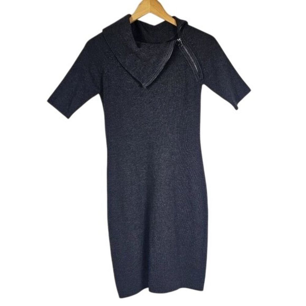 Calvin Klein Cowl Zip Neck Knit Sweater Dress S‎ Charcoal Stretch Neutral Office
